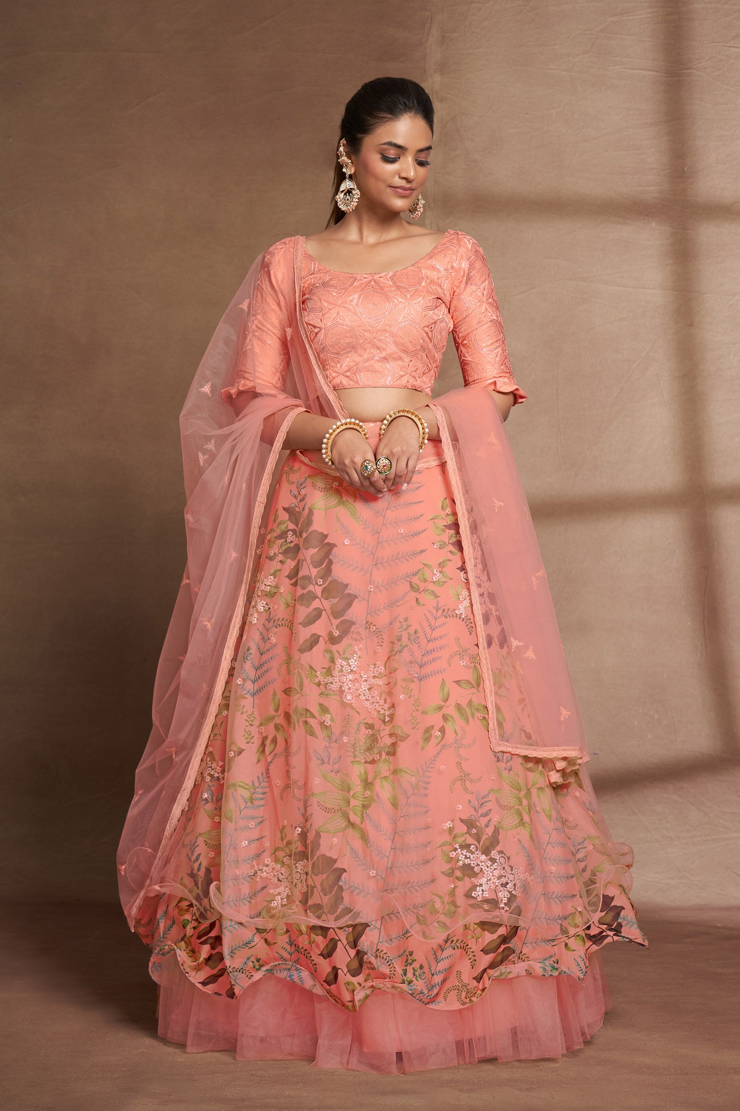 Peach Organza & Net Sequins Embroidery Party Wear Lehenga