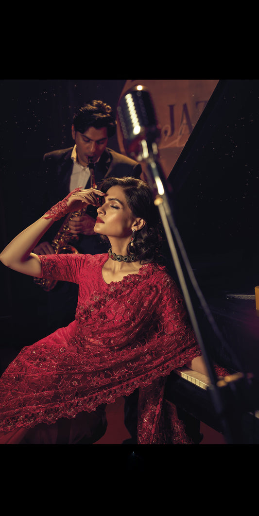 Red Sequins Cutdana Embroidery Net Saree for Cocktail