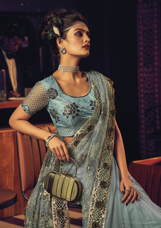 Sea Green Sequins Heavy Floral Embroidery Net Party Wear Saree