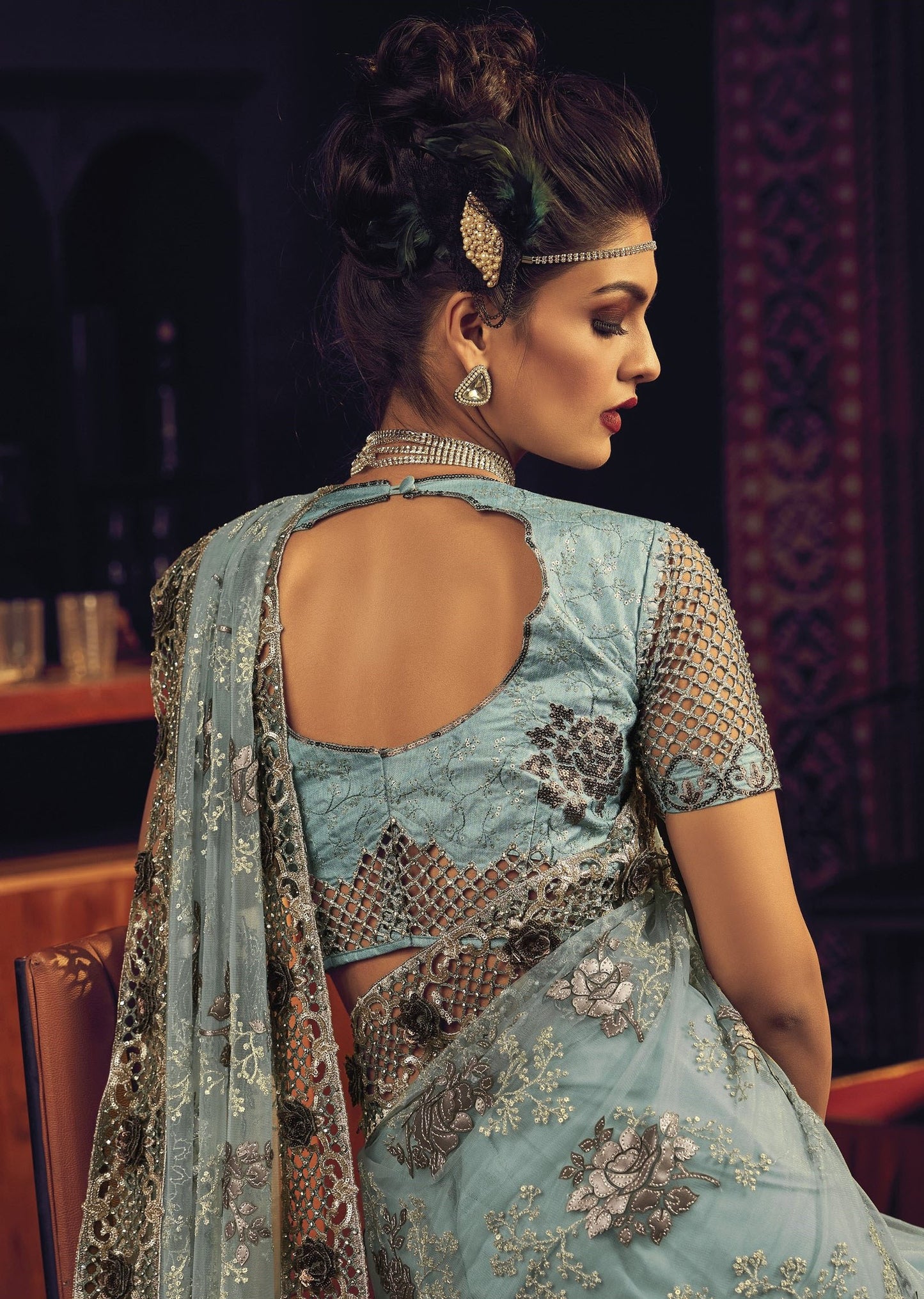 Sea Green Sequins Heavy Floral Embroidery Net Party Wear Saree