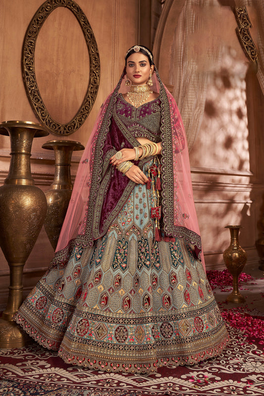 Sky Blue Velvet Hand Embroidered Heavy Bridal Lehenga