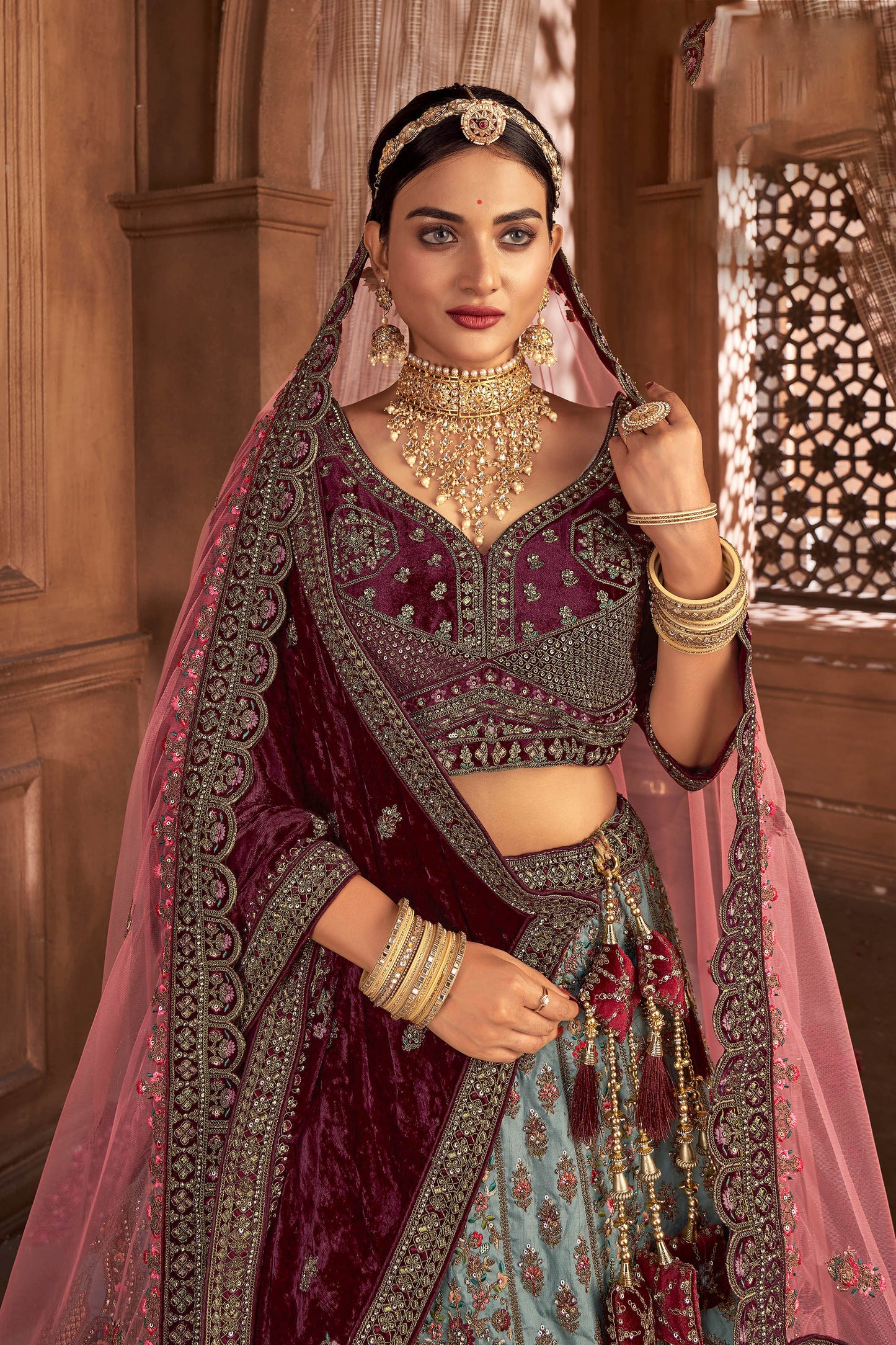 Sky Blue Velvet Hand Embroidered Heavy Bridal Lehenga