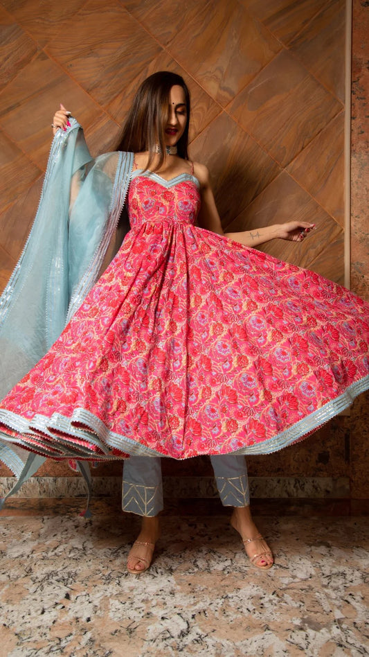 Ganguar adhya Floral Hand Block Pure Cotton Anarkali set