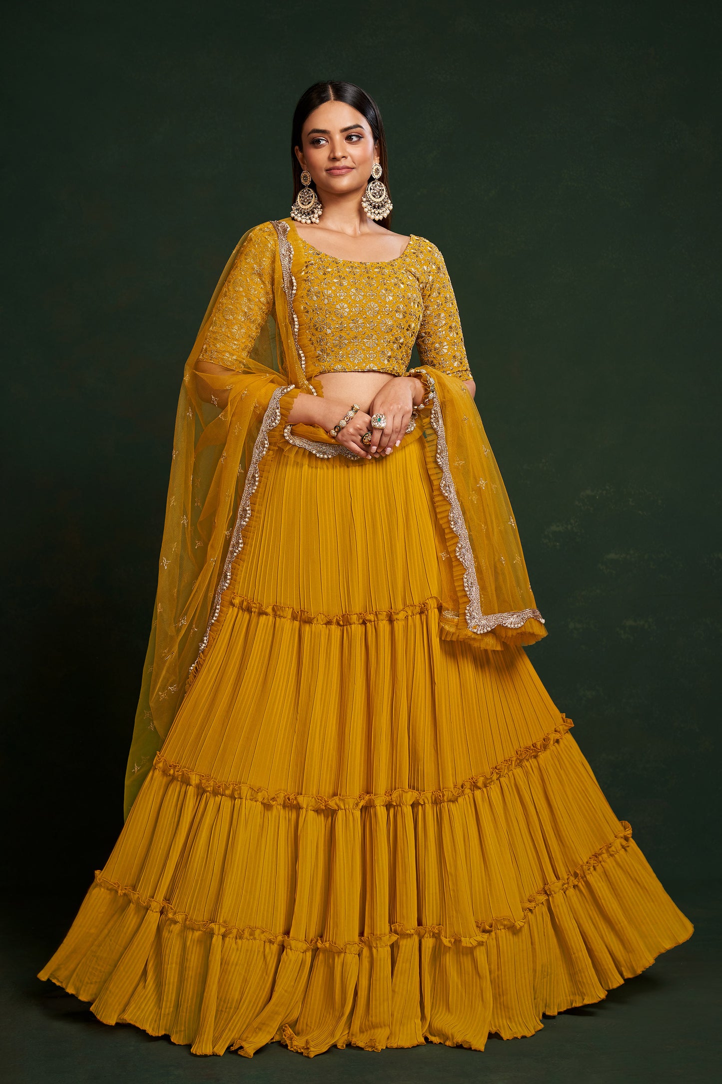 Yellow Faux Georgette Sequins Embroidery Haldi Lehenga