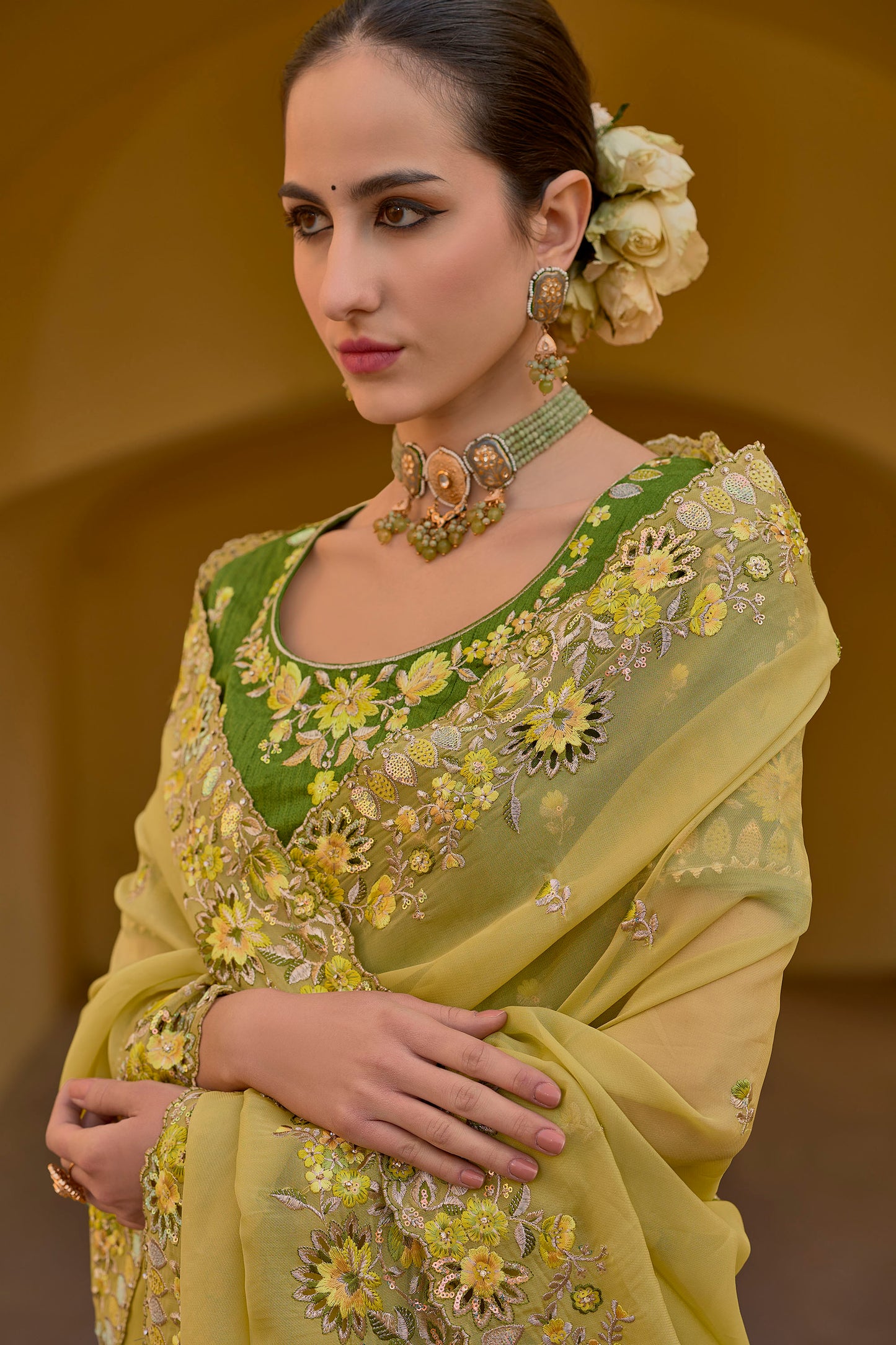 Yellow Art Silk With Stone & Cut Work Haldi Saree