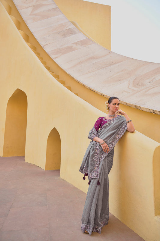 Grey Art Silk With Stone & Cut Work Saree