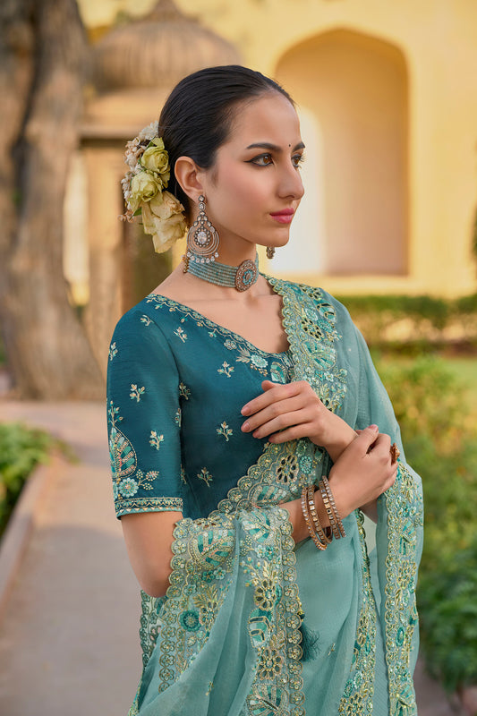 Mint Green Art Silk With Stone & Cut Work Party Wear Saree