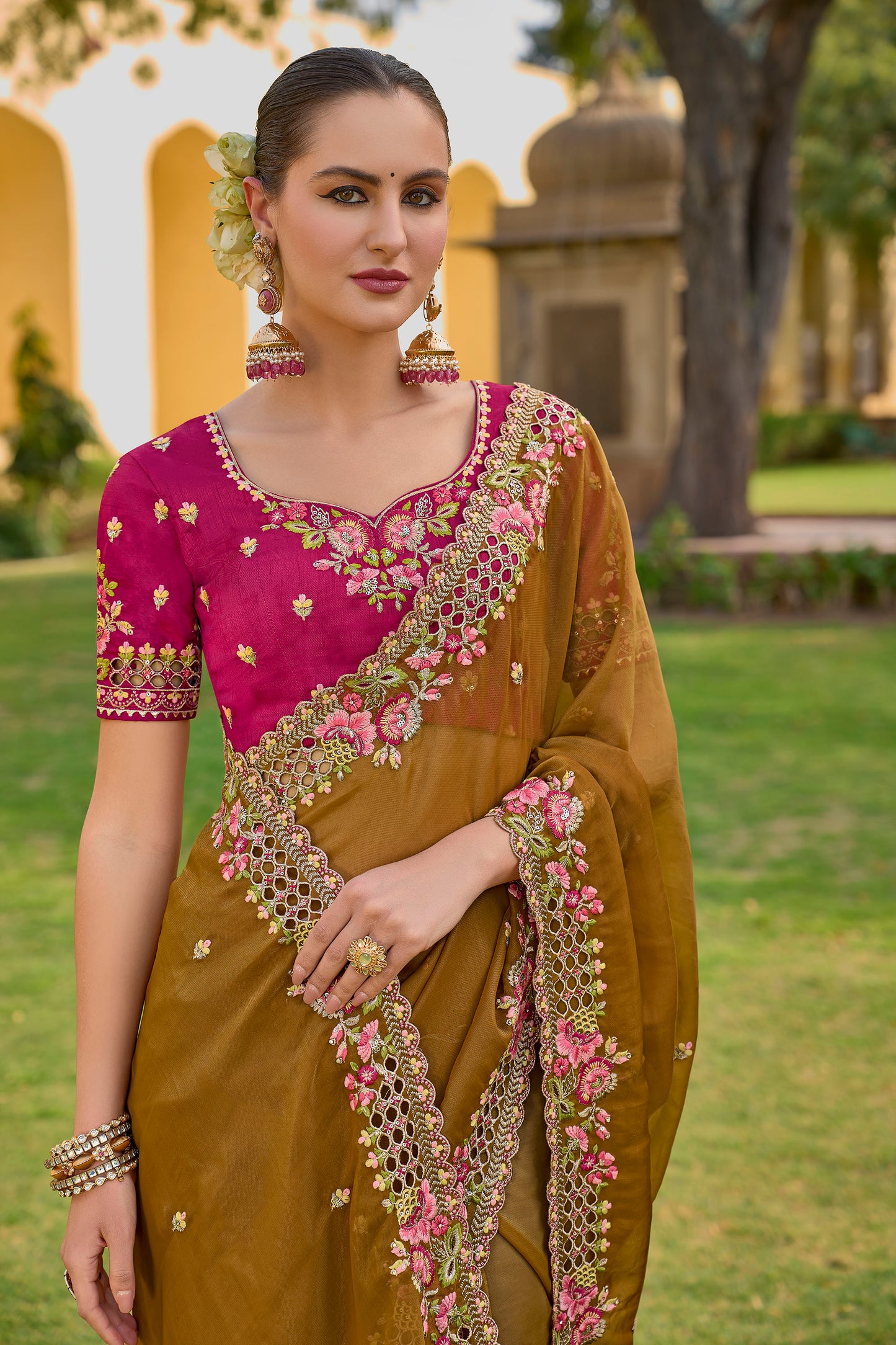 Light Brown Art Silk With Stone & Cut Work Saree