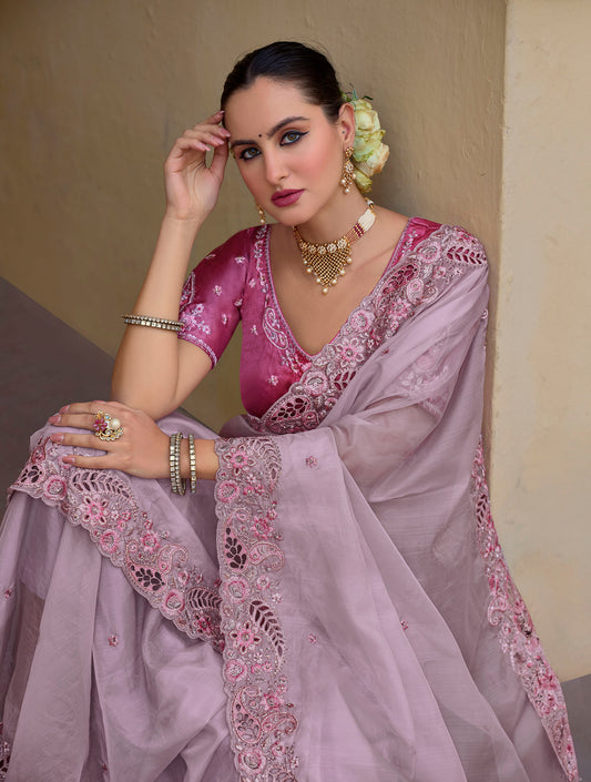 Pastel Pink Art Silk With Stone & Cut Work Party Wear Saree