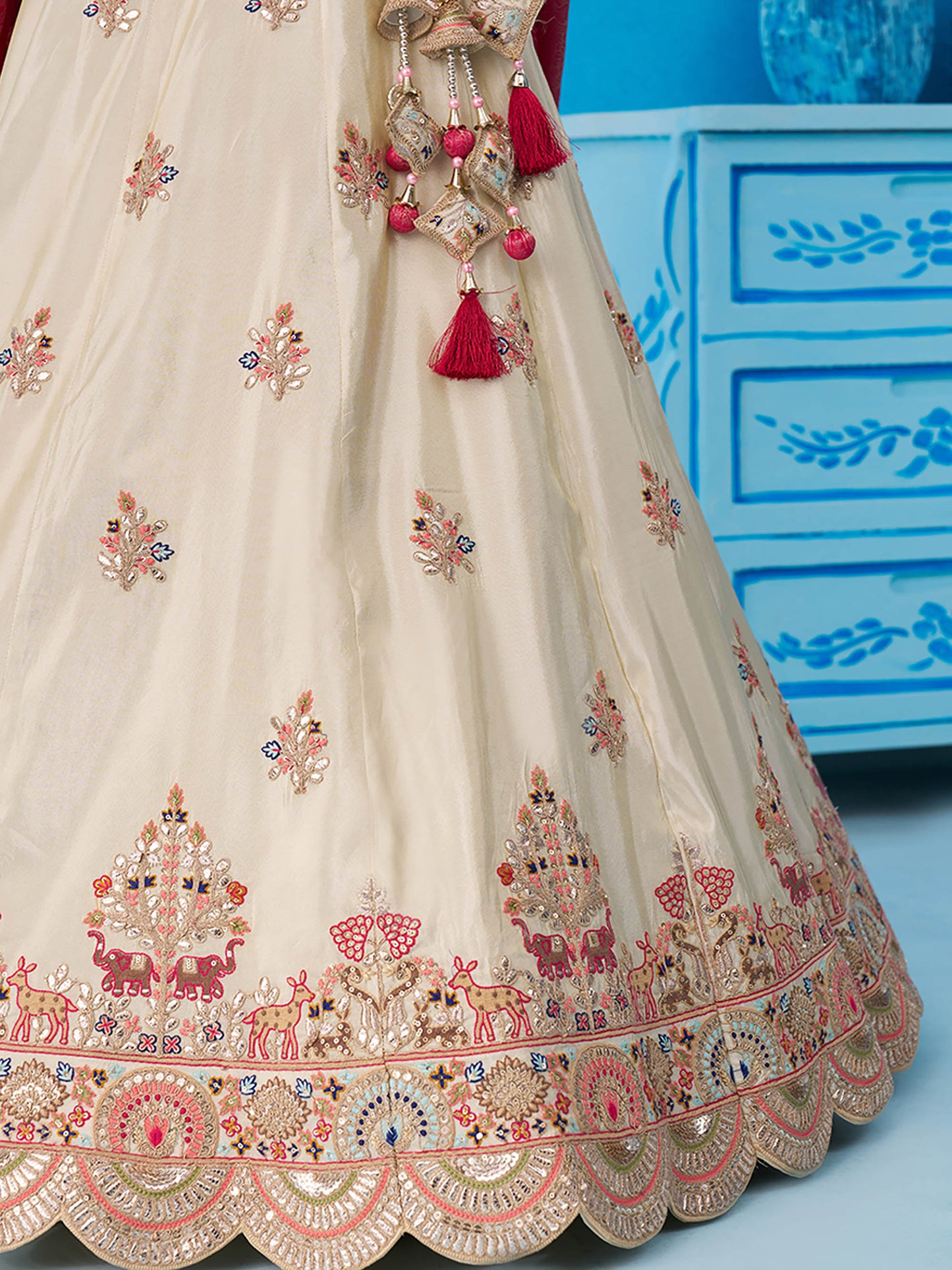 Cream Tissue Gota & Sequins Embroidered Lehenga with Rani Pink Dupatta for Bridesmaid