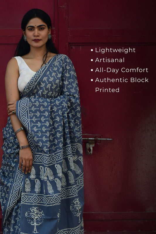 Take-A-Dare - Mulmul Cotton Block Printed Grey Saree