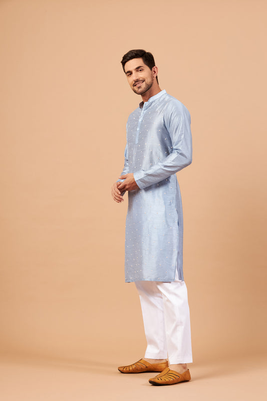 Sky Blue Semi Raw Silk Machine Embroidered Festive ( only Kurta )