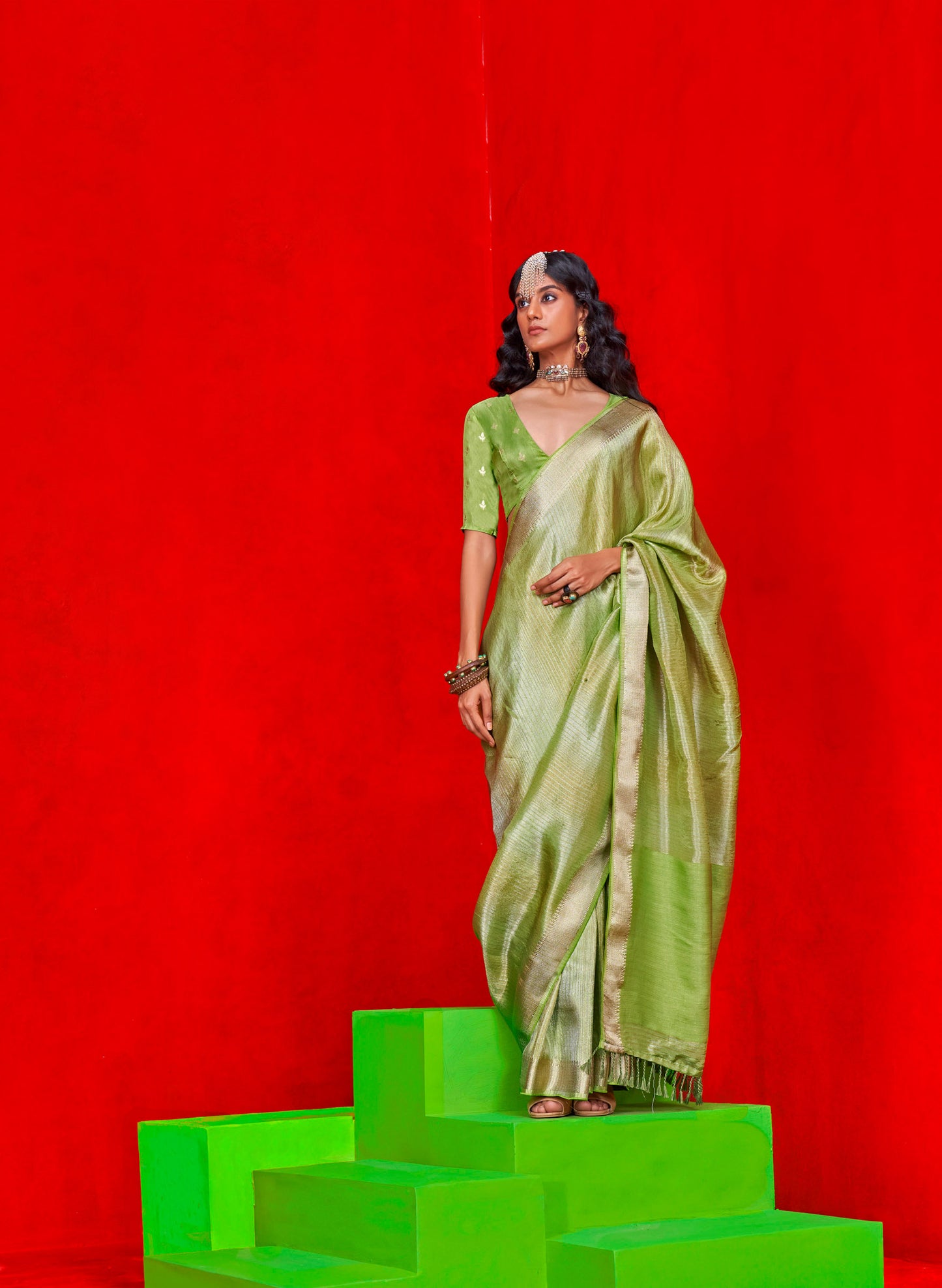 Mint Green Kontigo Pure Viscose Zari Tissue Saree