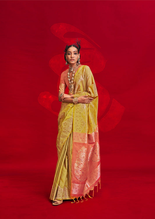 Lime Green Kontessa Tussar Silk Handloom Saree with ikkat Pallu