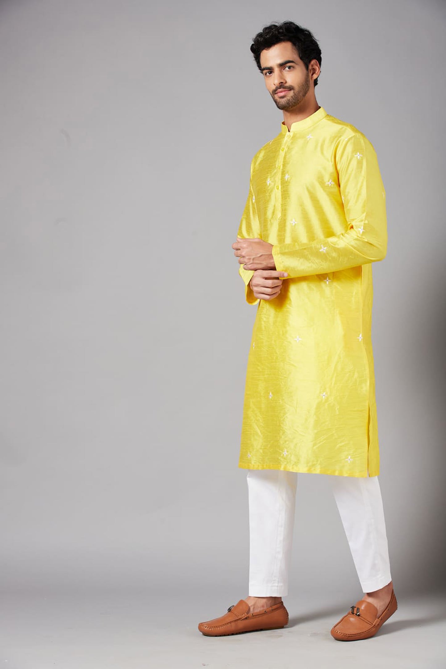 Yellow Raw Silk Thread Embroidered Festive ( only Kurta )