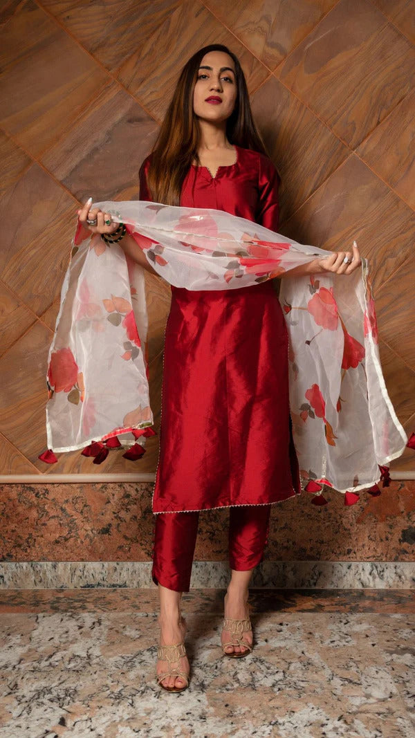 Ganguar Maroon Phool Taffeta Suit set