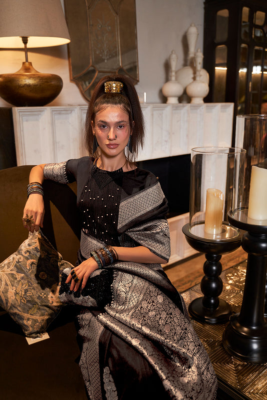 Black Korsa Georgette Pure Khadi Nylon saree