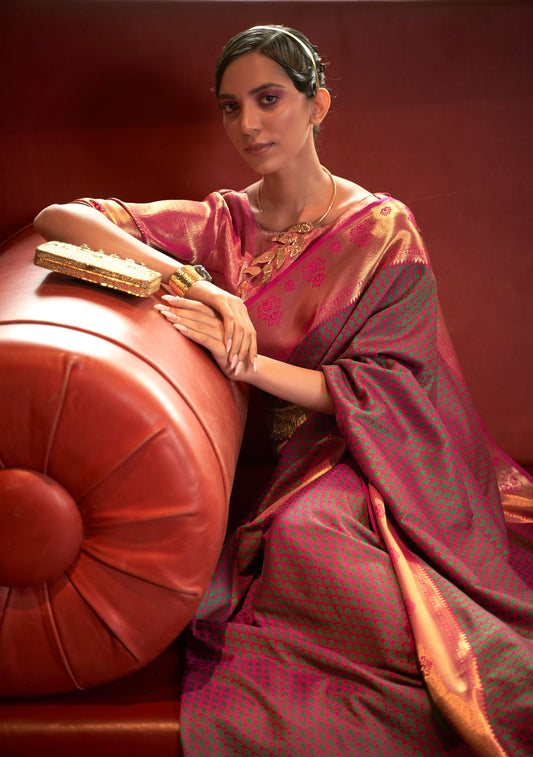 Pink Purple Kurveen Silk Self Contrast Handloom Saree