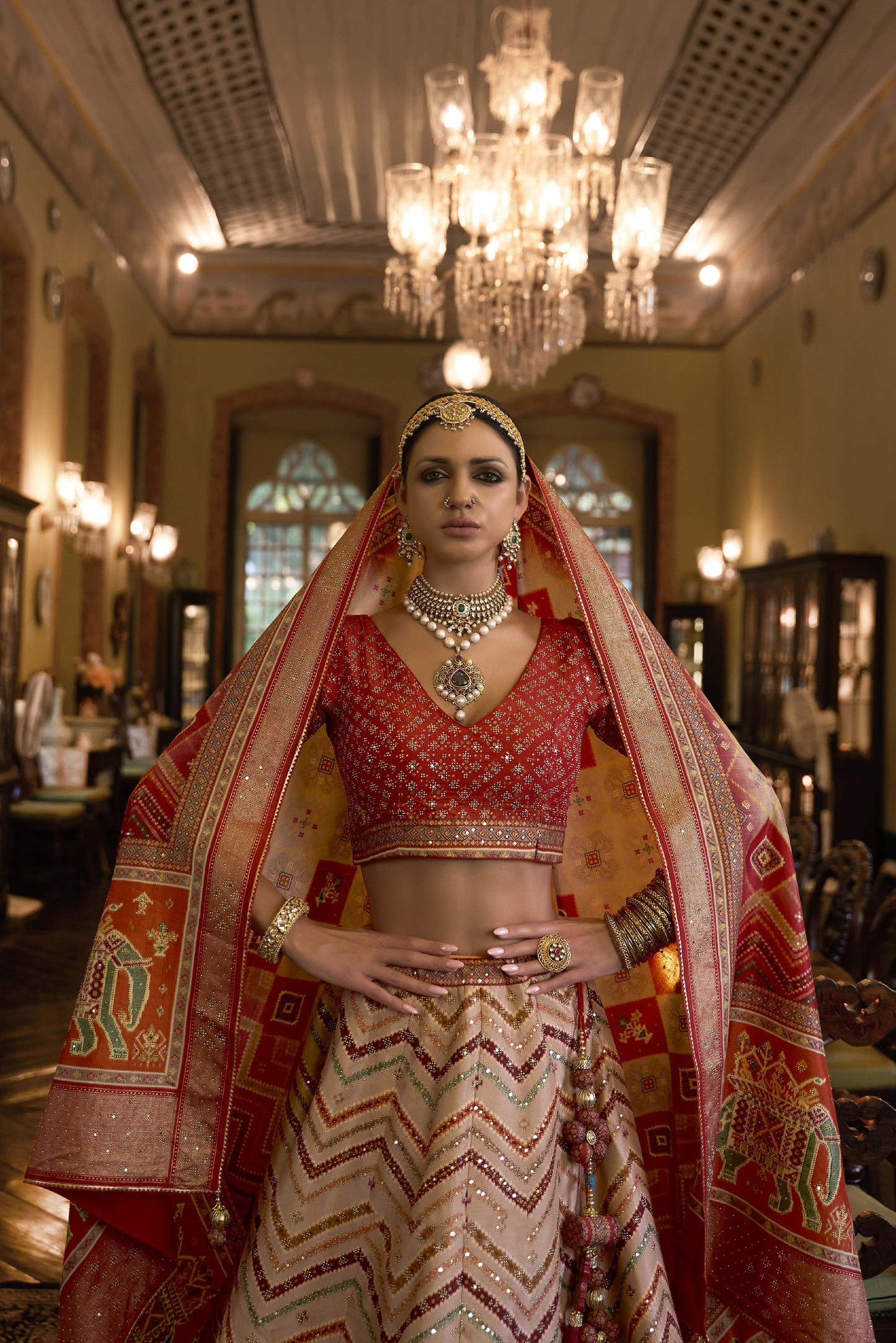 Orange and Cream Mirror Work Bridal Lehenga