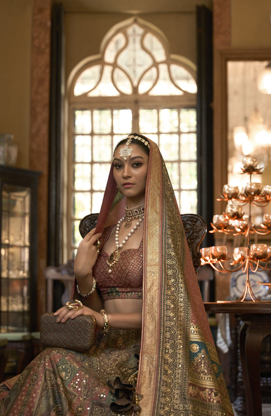 Beautiful Beige Silk Stone Work Bridal Lehenga