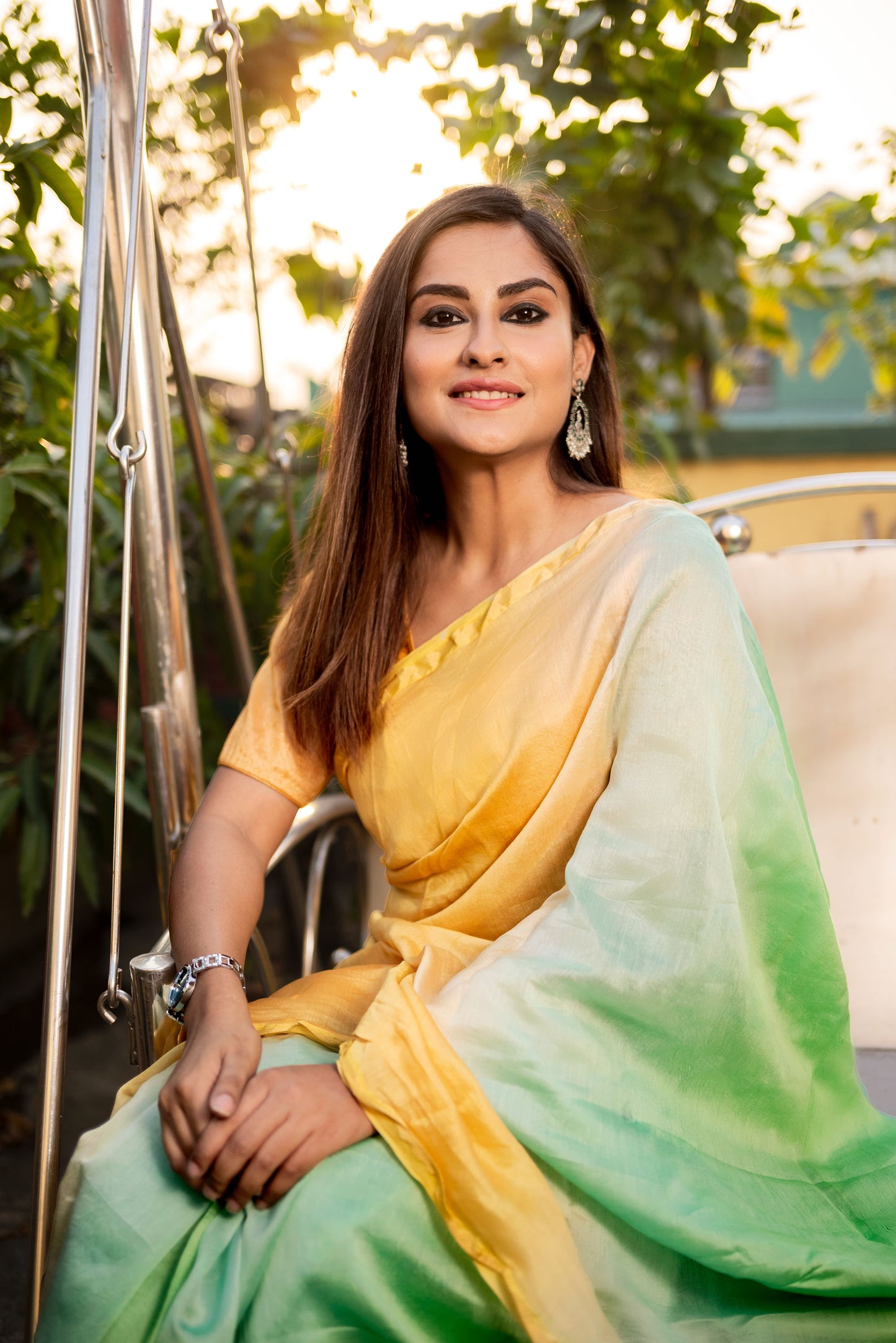 Green and Brown ombre chanderi silk saree