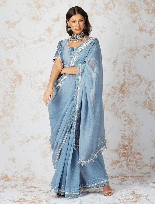 Baroque Work Pigeon Blue Saree Set
