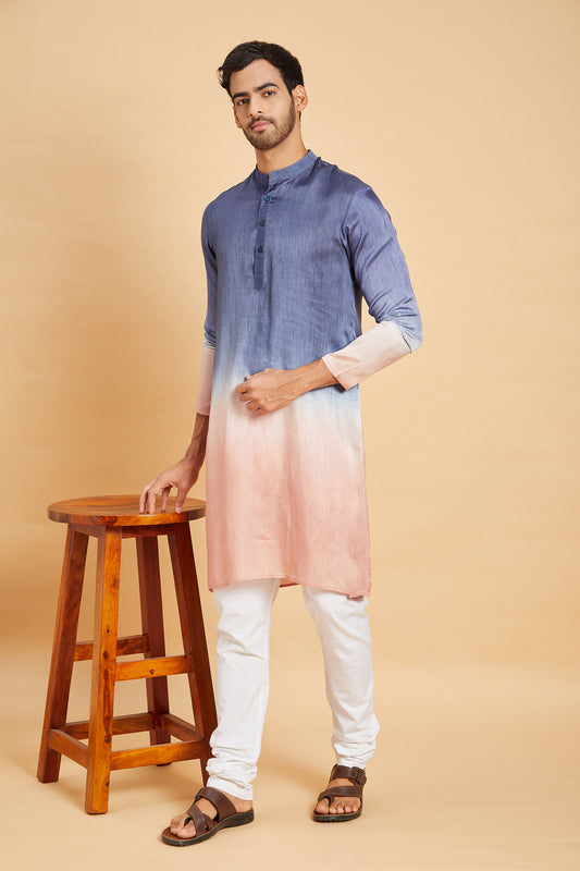 Blue & Peach Raw Silk Ombre ( only Kurta )
