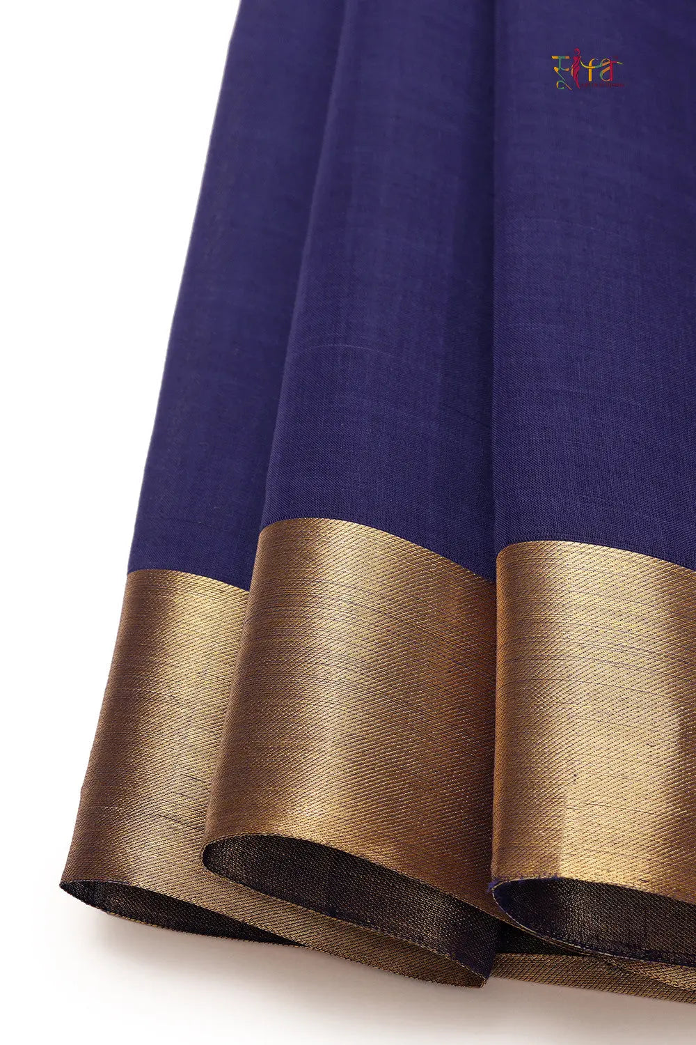 Handloom Berry Blue Pure Cotton Kanchi Contemporary Saree With Golden Zari Motifs & Border