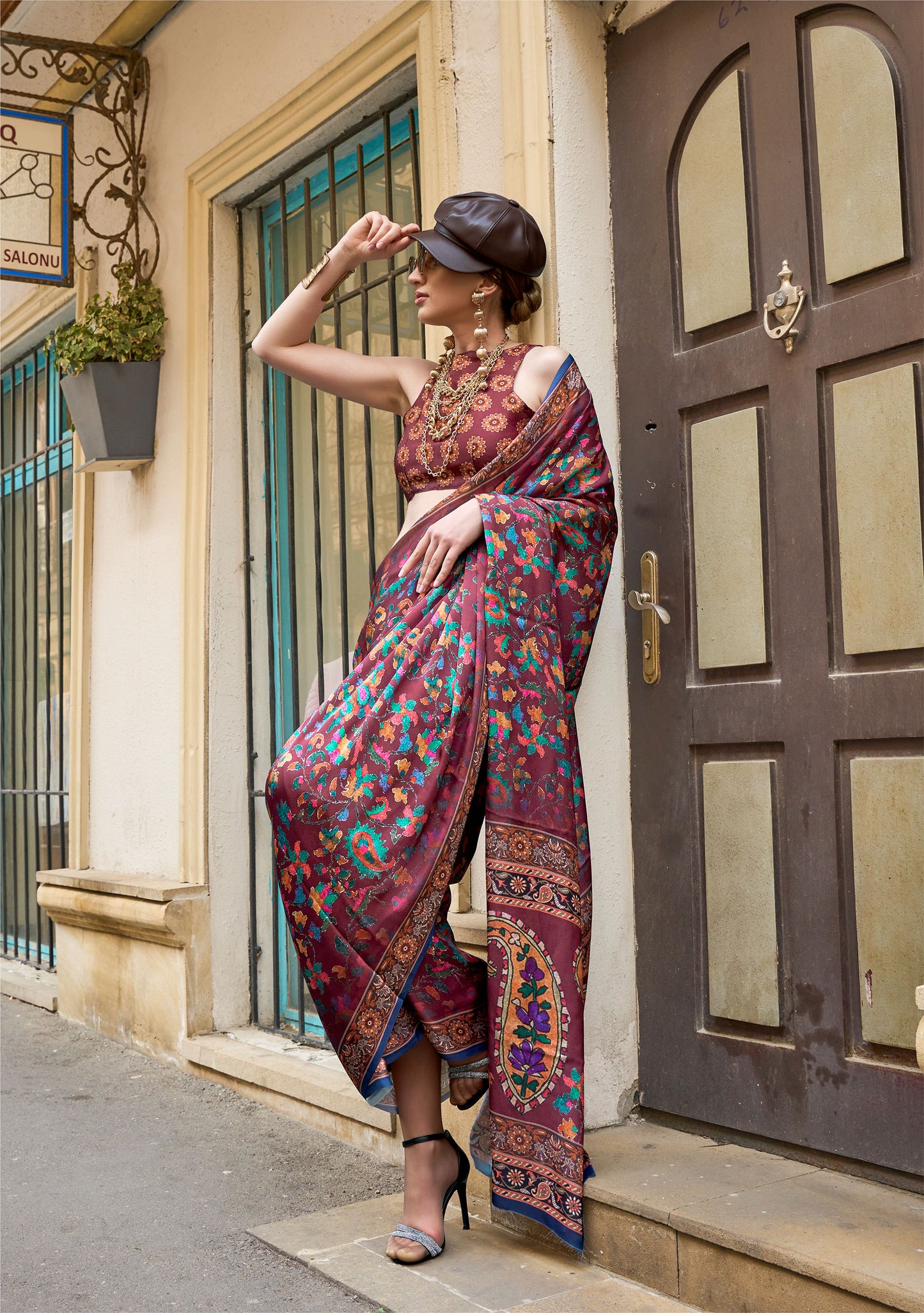 Burgundy Floral Kolombus Satin Georgette Printed Saree