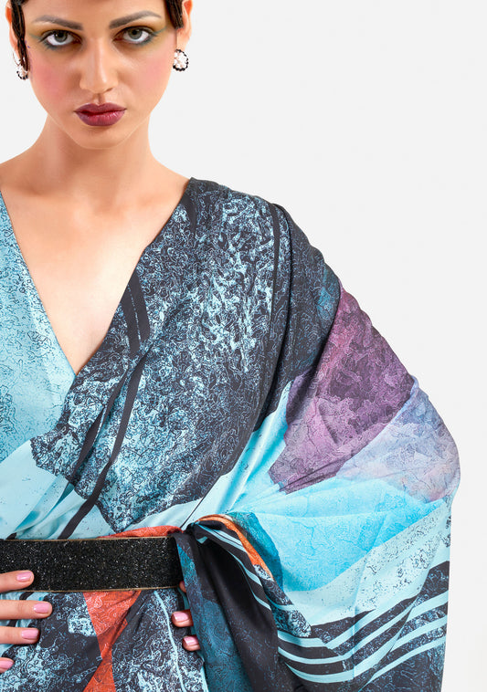 Sky Blue Kazo Digital Soft Crepe Printed Saree