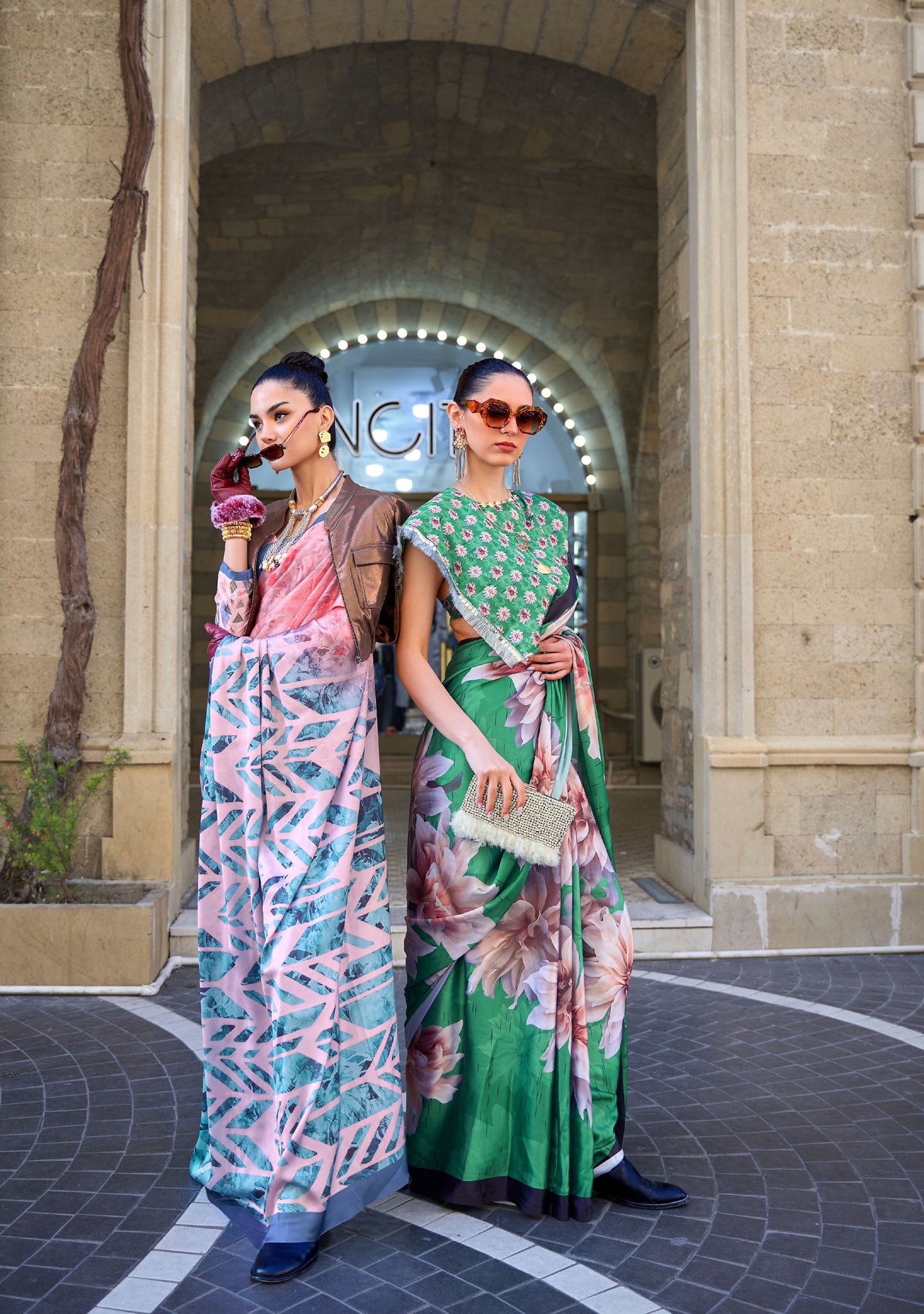 Blue Pink Klora Satin Crepe Digital Print Saree