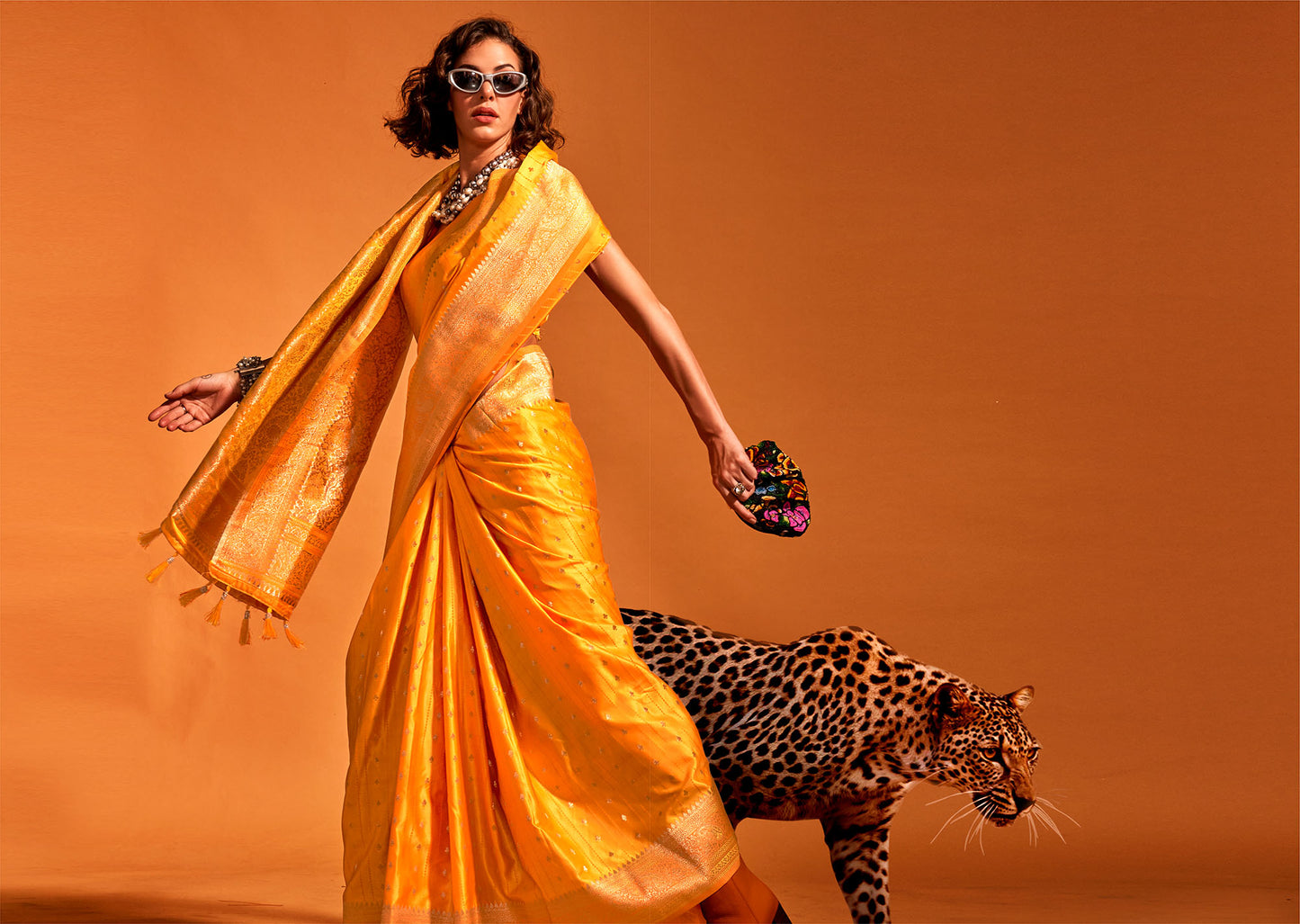 Sunshine Yellow Karnaal Pure Satin Handloom Silk Saree