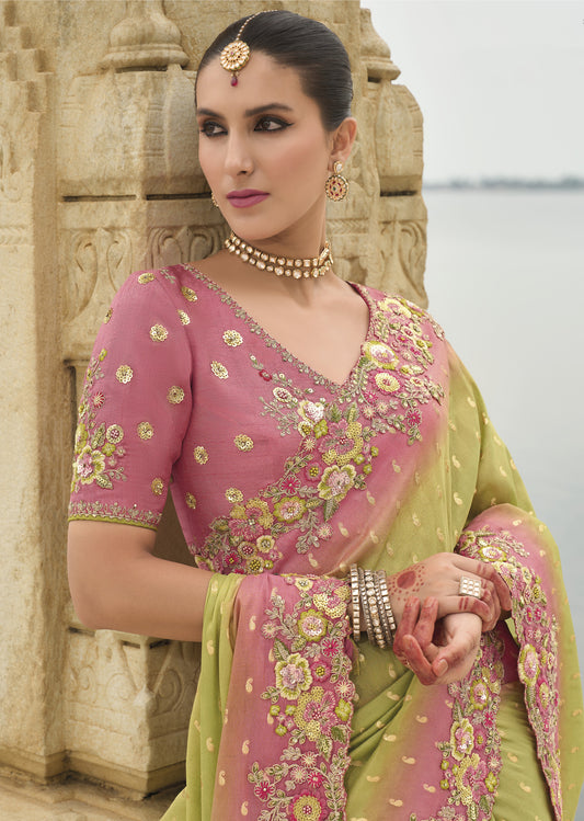 Green and Pink Viscose Silk With Embroidery Cut Work Border Saree