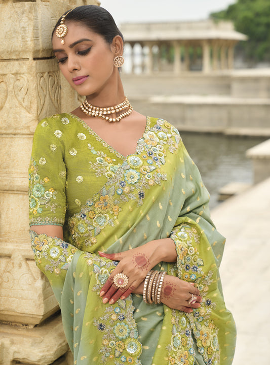 Sea Green Viscose Silk With Embroidery Cut Work Border Saree
