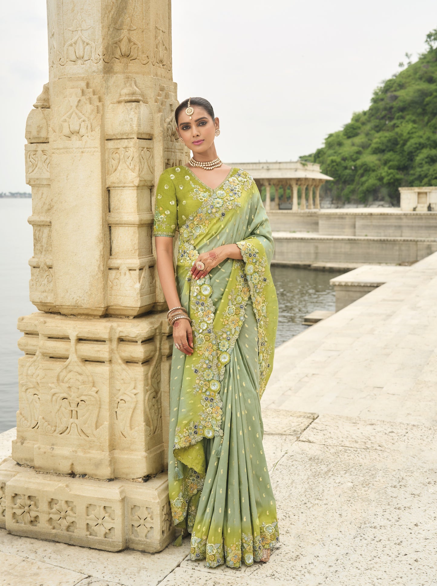 Sea Green Viscose Silk With Embroidery Cut Work Border Saree
