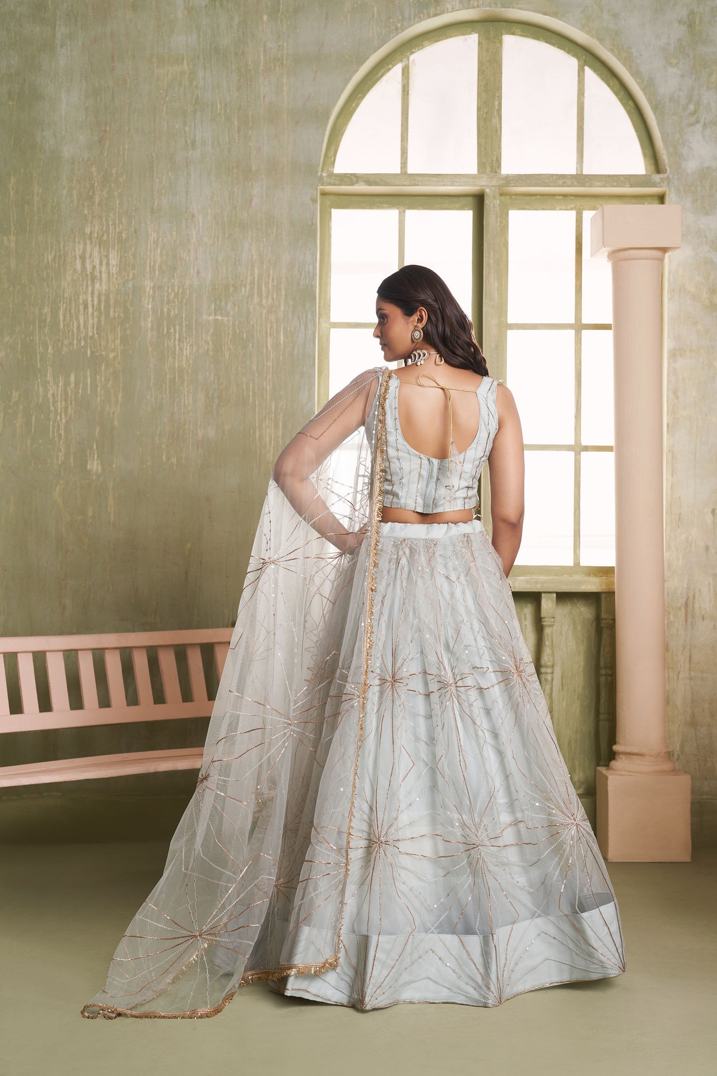 Grey Butterfly Net Thread & Sequin Work Wedding Guest Lehenga