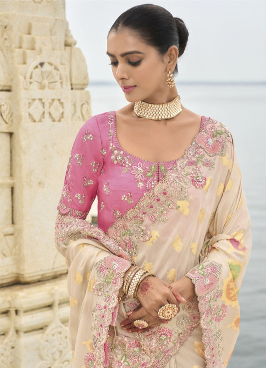 Cream Viscose Silk With Embroidery Cut Work Border Saree