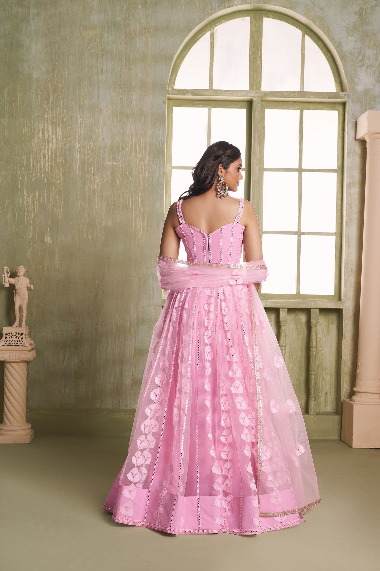 Pastel Pink Butterfly Net Thread & Sequin Work Engagement Lehenga