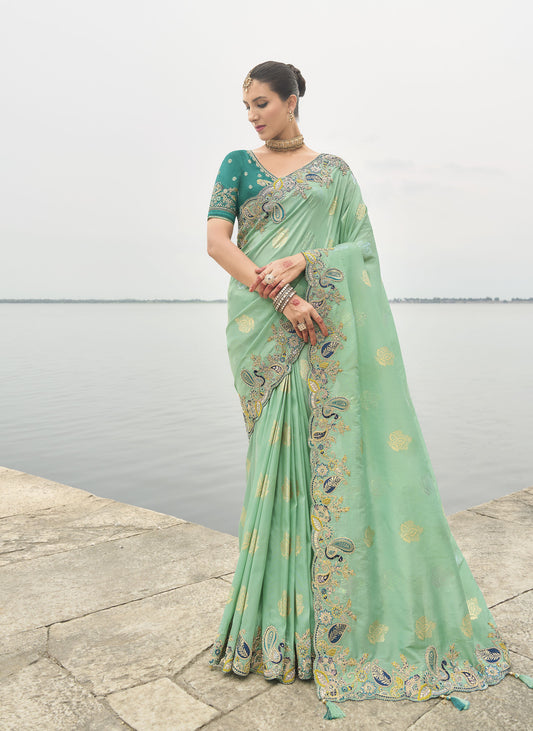 Teal Green Viscose Silk With Embroidery Butti Work Border Saree