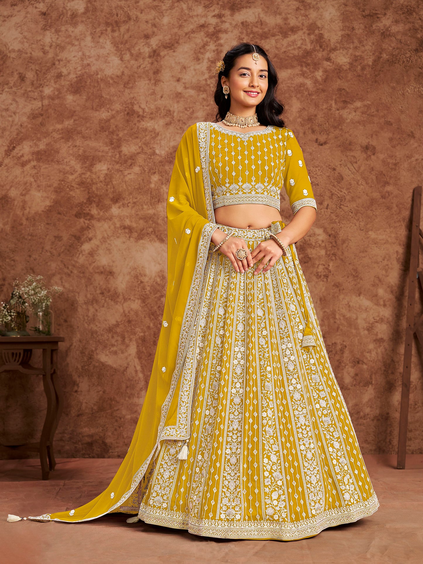Yellow Sequins & Chikan Embroidered Faux Georgette Haldi Lehenga