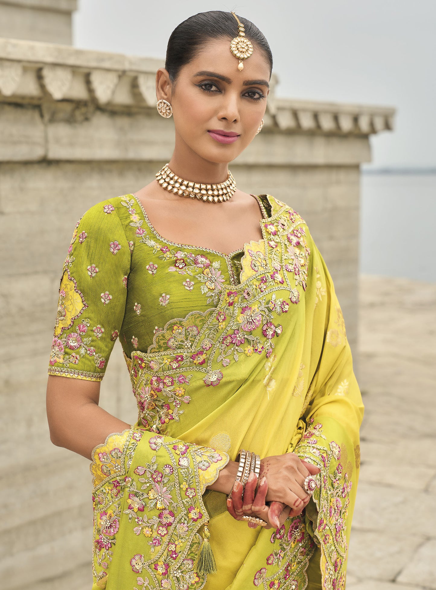 Yellow and Green Viscose Silk With Sequins Embroidery Haldi Saree