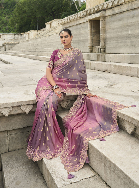 Pink and Grey Viscose Silk With Sequins Embroidery Saree