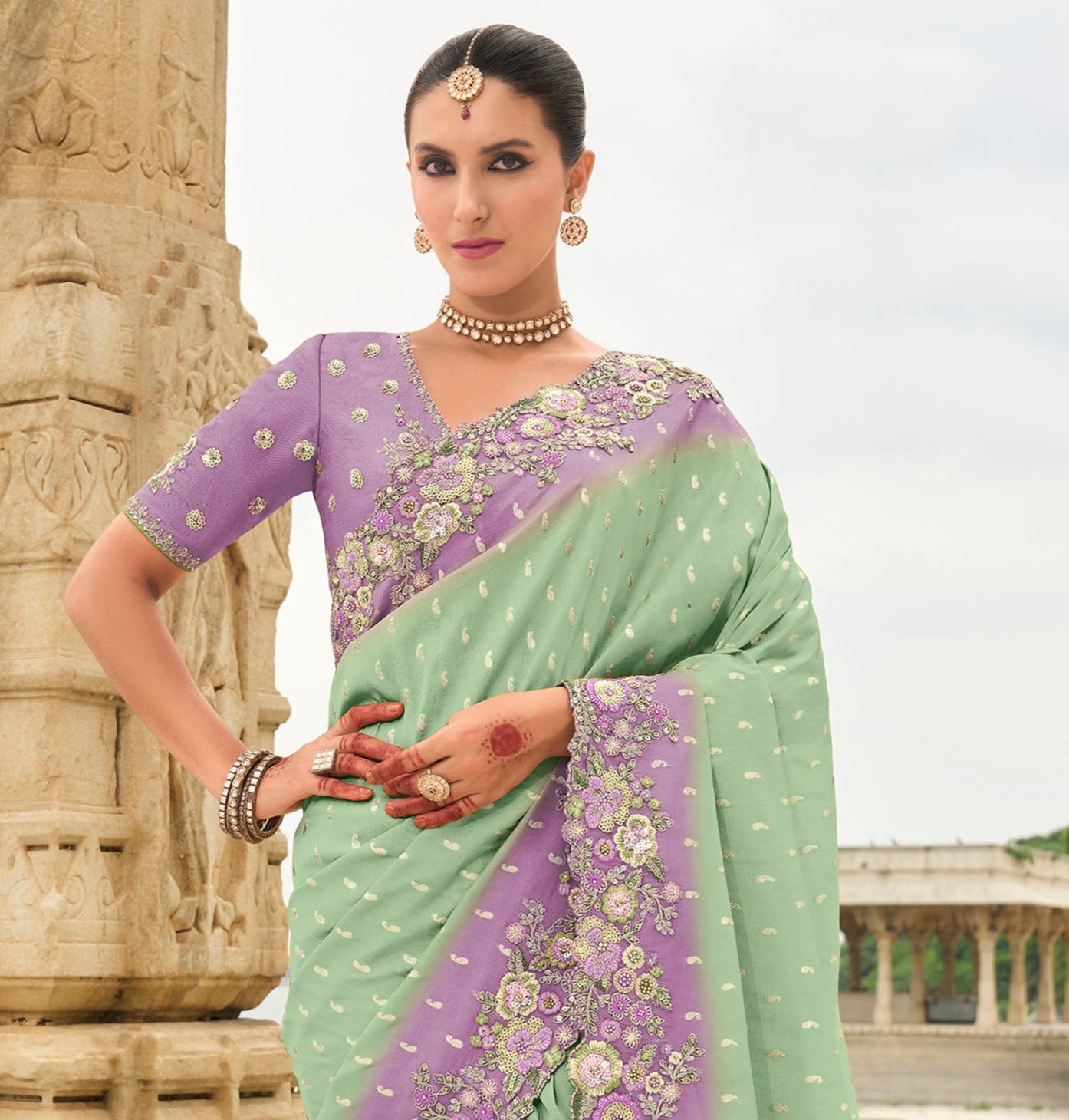 Sea Green and Purple Viscose Silk With Stone Embroidery Festive Saree