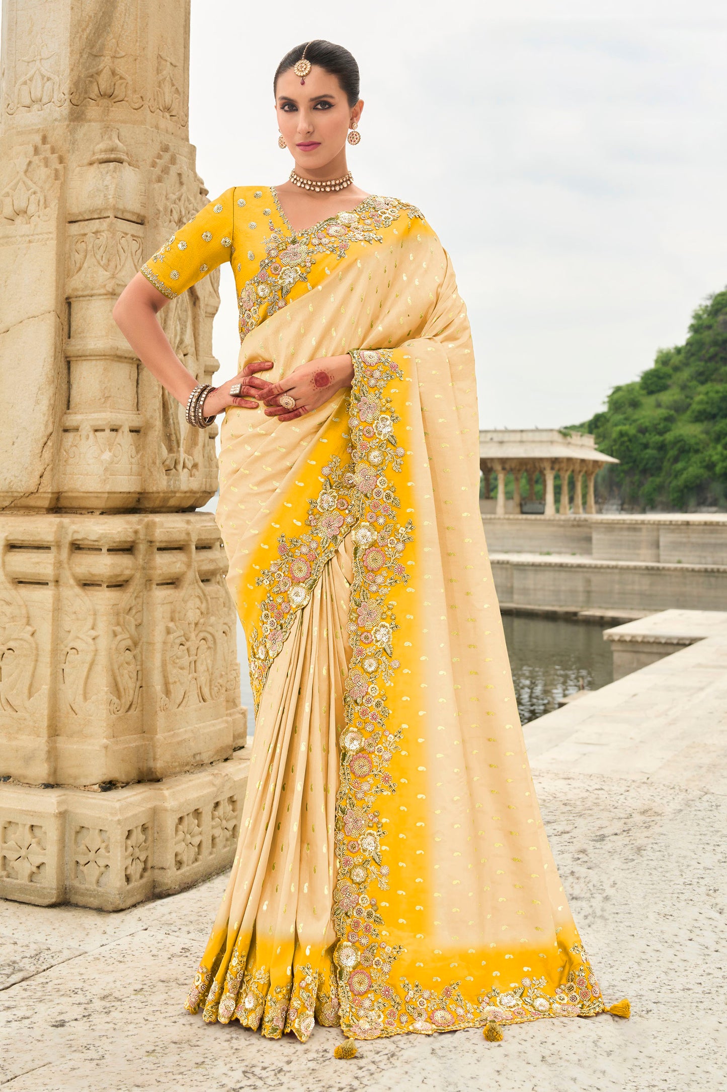 Cream and Yellow Viscose Silk With Stone Embroidery Haldi Saree