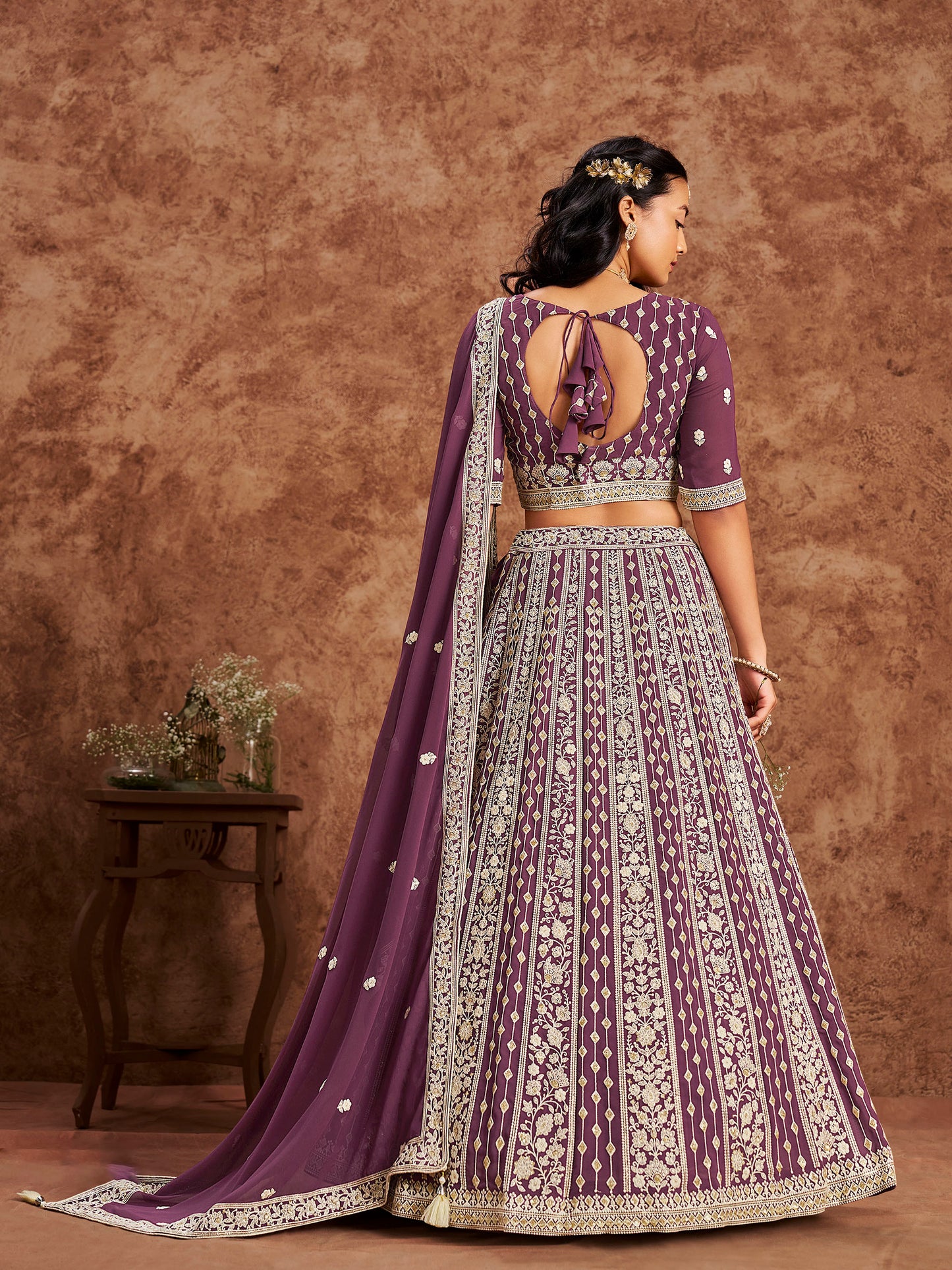 Purple Sequins & Chikan Embroidered Faux Georgette Lehenga