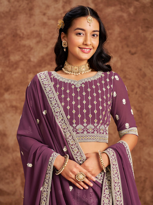 Purple Sequins & Chikan Embroidered Faux Georgette Lehenga