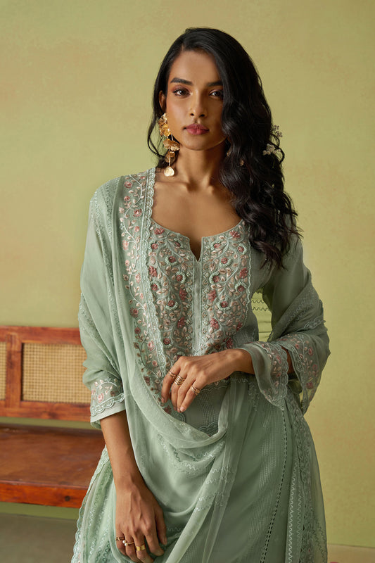 Green Organza Thread Embroidered Festive Kurta Set