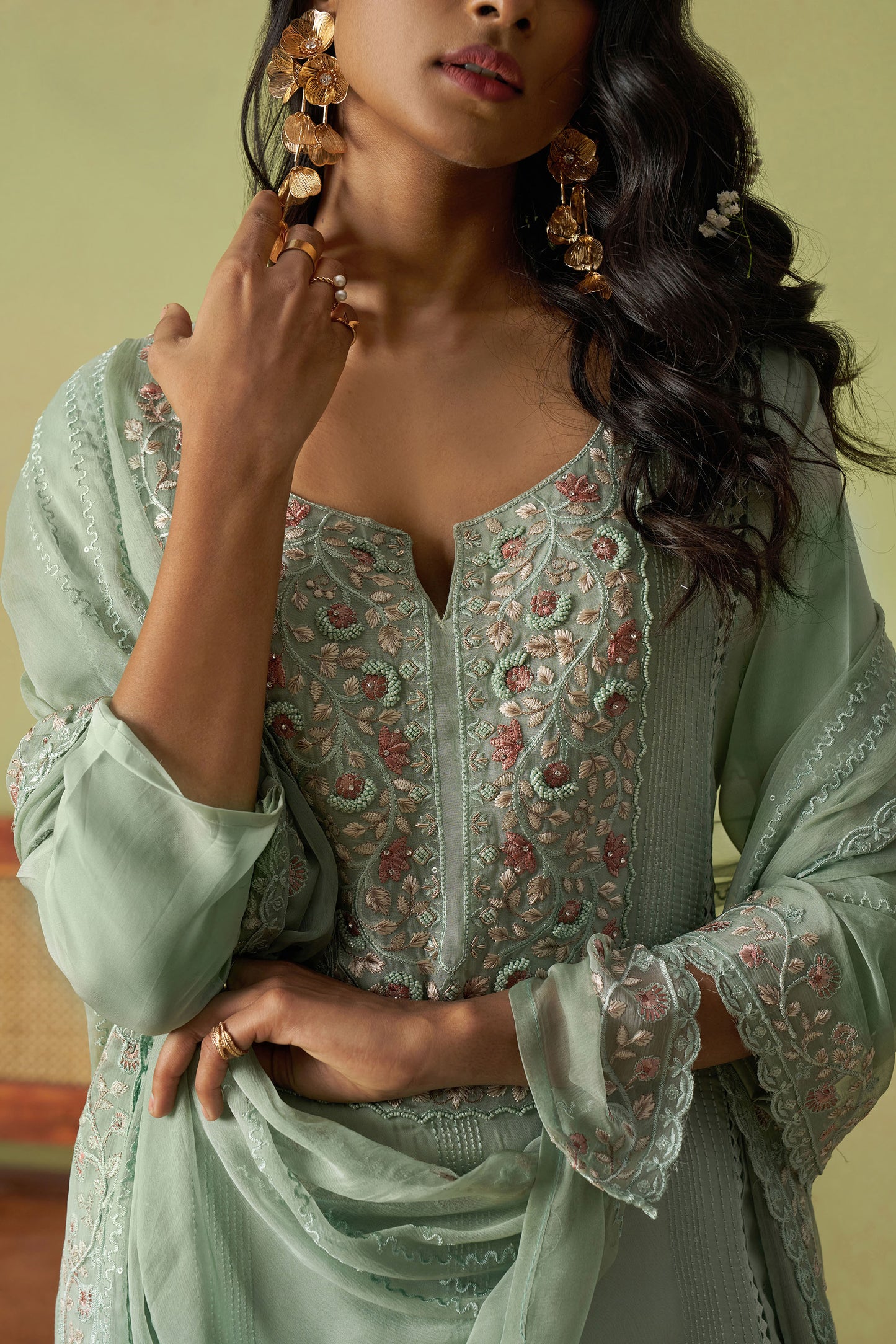 Green Organza Thread Embroidered Festive Kurta Set