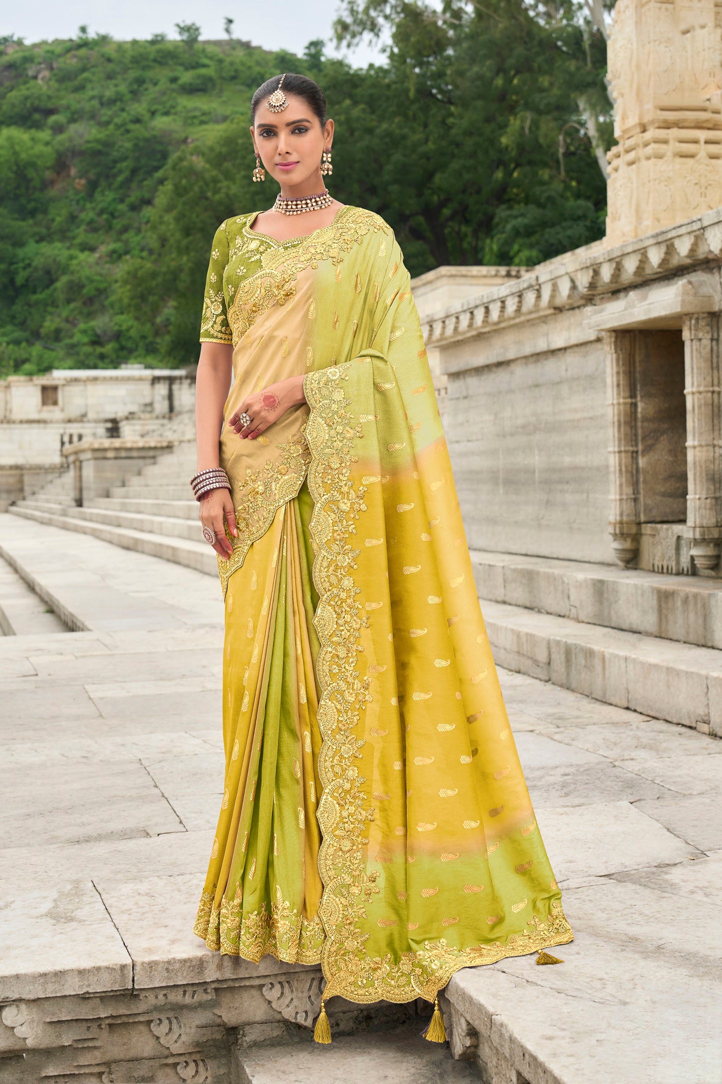 Green and Yellow Viscose Silk With Cut Work Saree