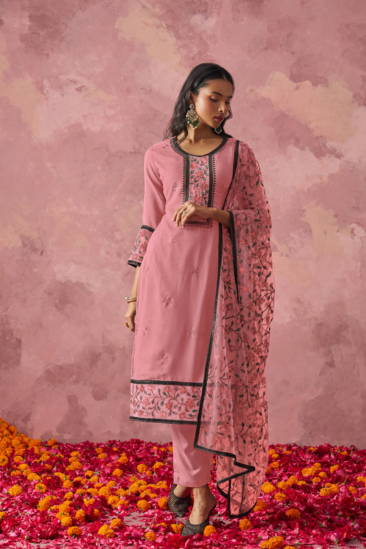 Pink Georgette Sequins Embroidered Festive Kurta Set
